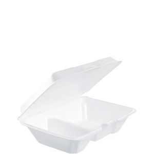 Pack of 100 Dart 205HT2 9" x 6" x 3" White Foam 2 Compartment Take Out Containers with Perforated Hinged Lid