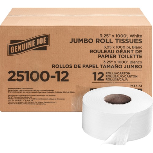 Case of 12 Genuine Joe 3.25"x1000' Jumbo Roll Bath Tissues