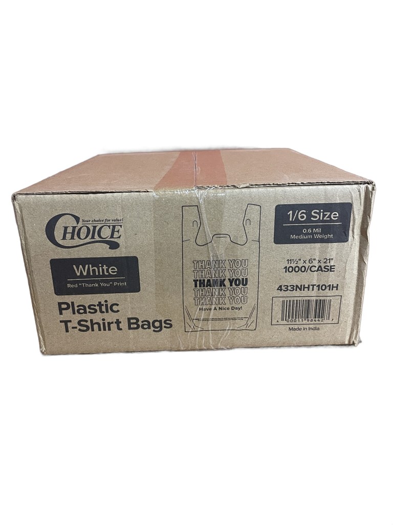 Case of 1000 Choice 1/6 Standard Size White "Thank You" Medium-Duty Plastic T-Shirt Bags