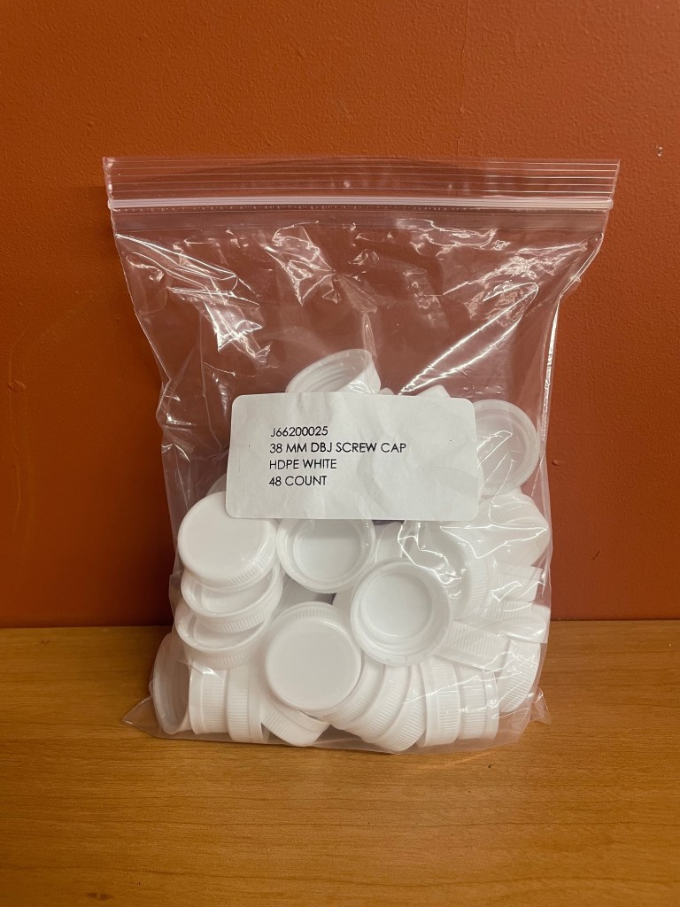 BAG OF 48 DBJ SCREW CAPS 38MM HDPE WHITE PMS 7541