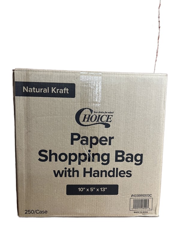 Case of 250 Choice 10" x 5" x 13" Natural Kraft Paper Customizable Shopping Bags with Handles