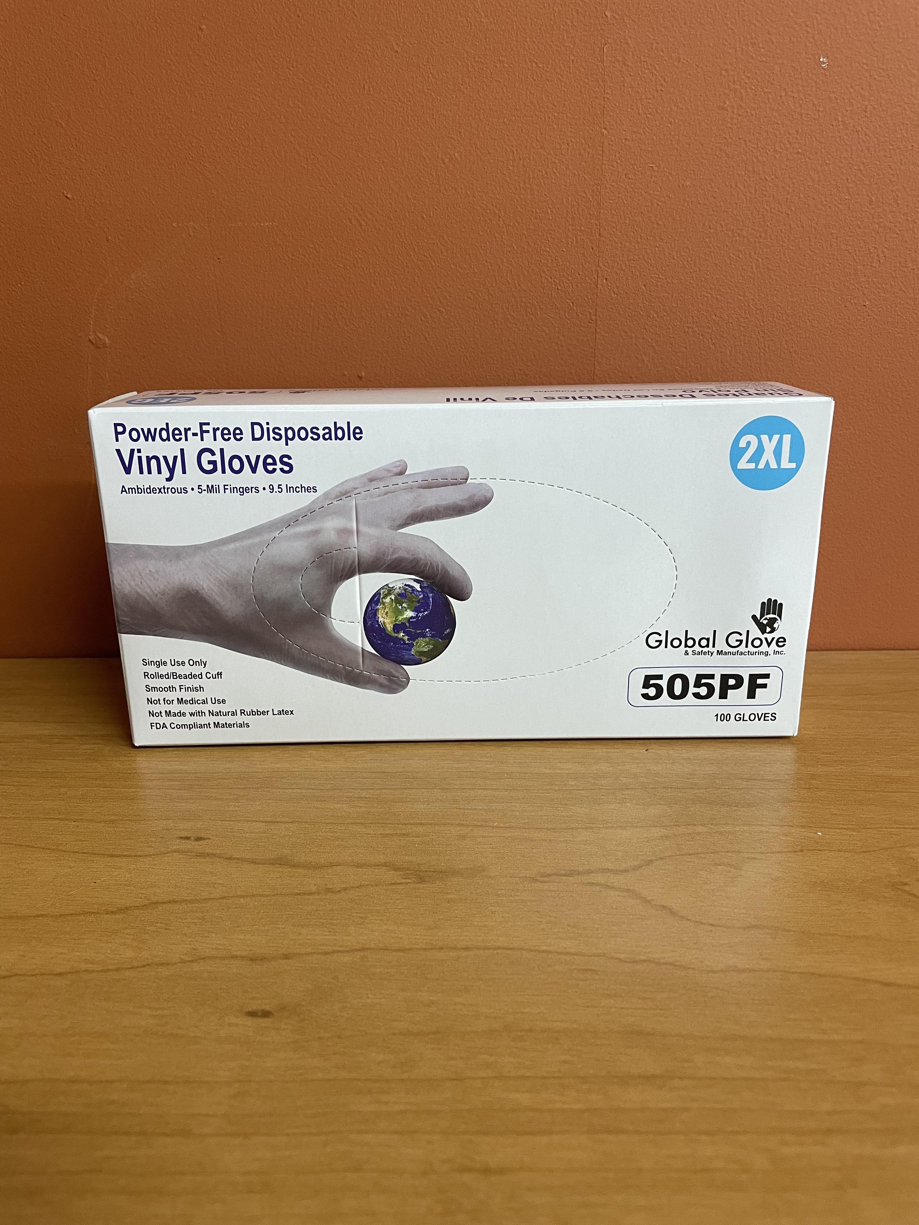 Box of 100 Global Glove Premium 5 Mil Vinyl 9.5" 2XL Powder Free Gloves