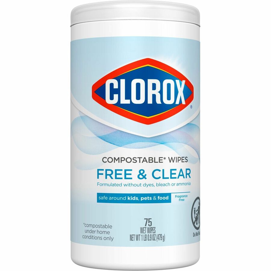 Canister of 75 Clorox Compostable Cleaning Wipes Free and Clear