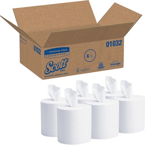 Scott Essential Roll Control Center Pull Paper Towels (01032) With Fast-Drying Absorbency Pockets, Perforated Full-Sized Hand Paper Towels, White (6 Rolls Per Case, 4,200 Sheets Total)