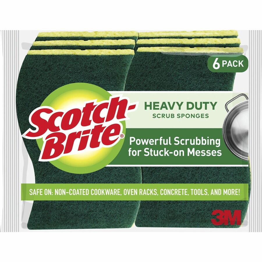 Pack of 6 Scotch-Brite Heavy Duty Sponges with Scrubber, Green/Yellow