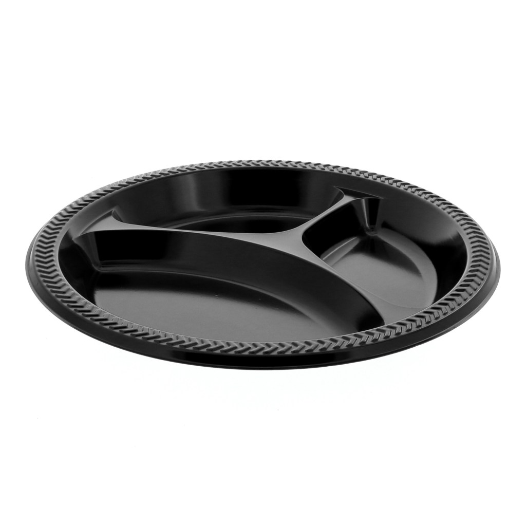 Pack of 125 Choice 10 1/4" 3-Compartment Black Plastic Plates