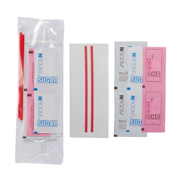 Case of 200 WNA King Packaging Coffee Kits - 2 Sugar, 2 Sugar Substitute, 2 Creamers 2 Stirrers & Napkin