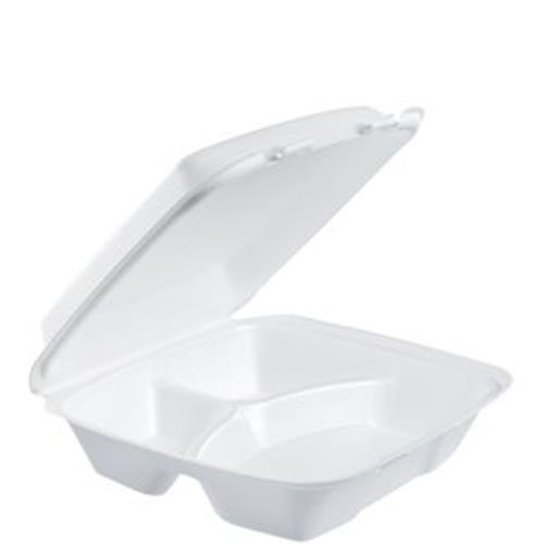 Sleeve of 100 Dart 90HT3R Foam Hinged Containers (Non Perforated) Large 3-Comp 9 3/8 x 9 x 3