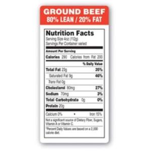 Roll of 1000 1.5 x 3" Ground Beef 80% Lean/20% Fat Meat Nutrition Labels