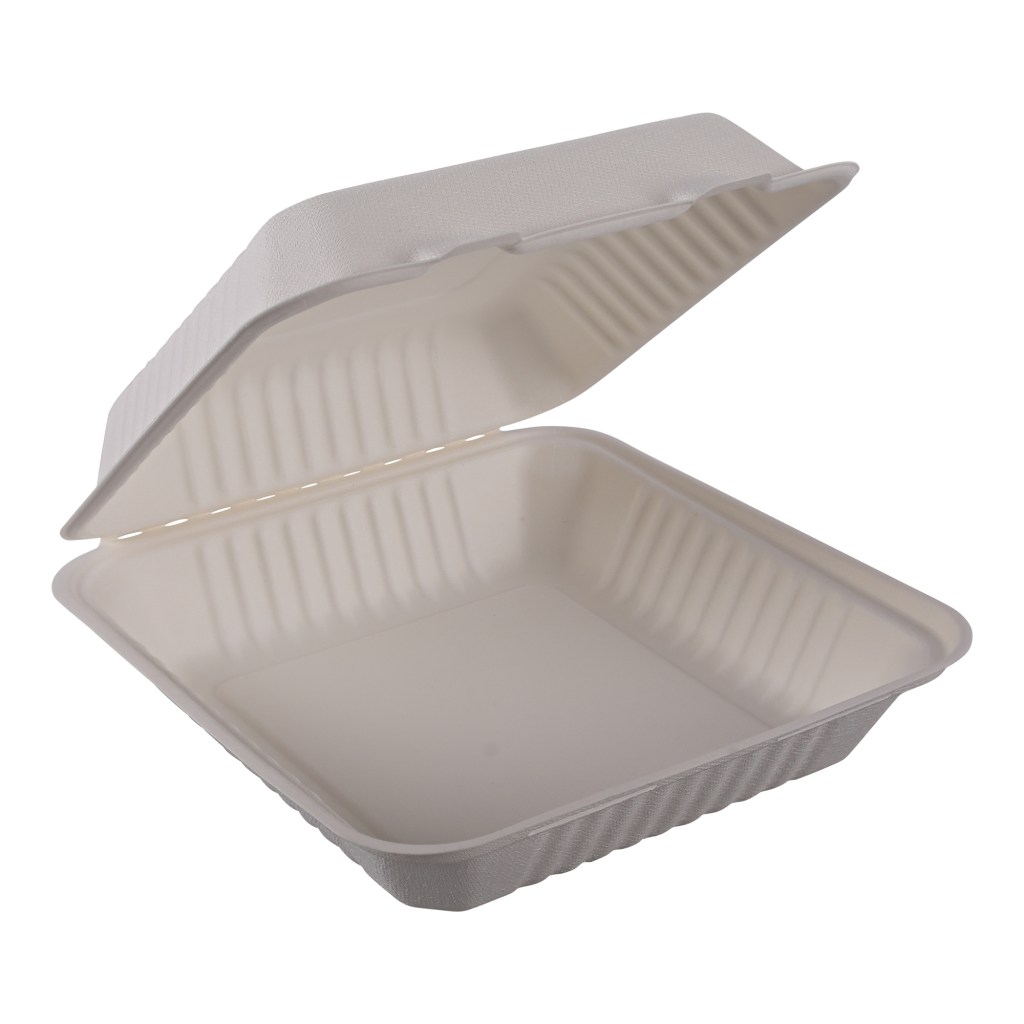 Sleeve of 100 Empress Earth Hinged Containers Molded Fiber 9"x9"x3" Natural White PFAS Free