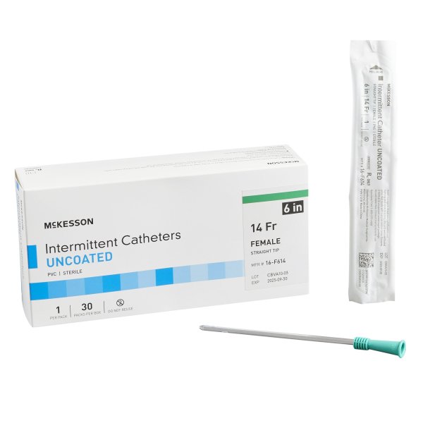 Box of 30 Urethral Catheters McKesson Straight Tip Uncoated PVC 14 Fr. 6 Inch