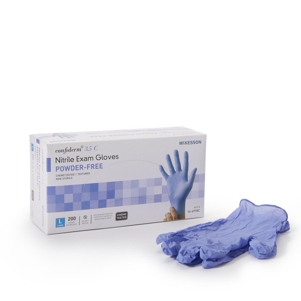 Box of 200 Exam Gloves McKesson Confiderm® 3.5C Large Non-Sterile Nitrile Standard Cuff Length Textured Fingertips Blue Chemo Tested