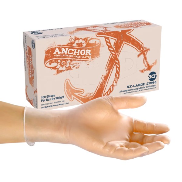 Box of 100 AmerCareRoyal Powder-Free Anchor Vinyl Gloves XX-Large, Clear
